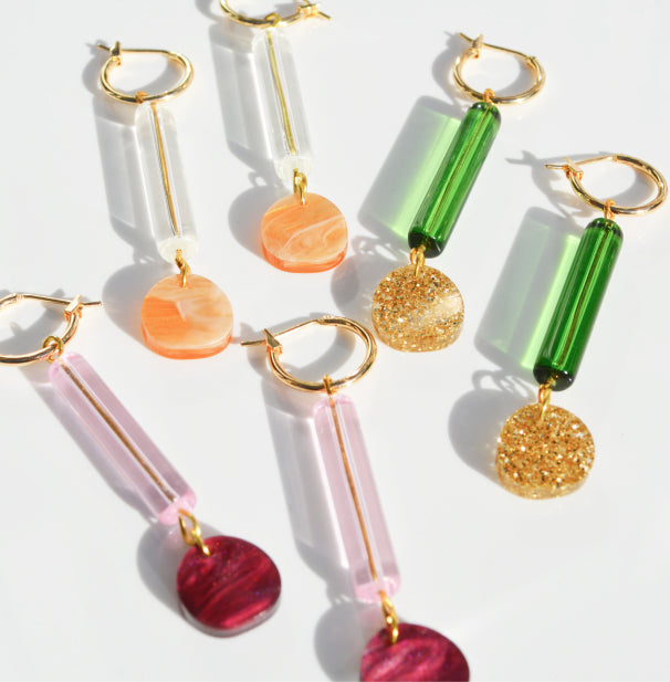 Green, orange, pink and gold dangle earrings by nz designer Hagen + Co