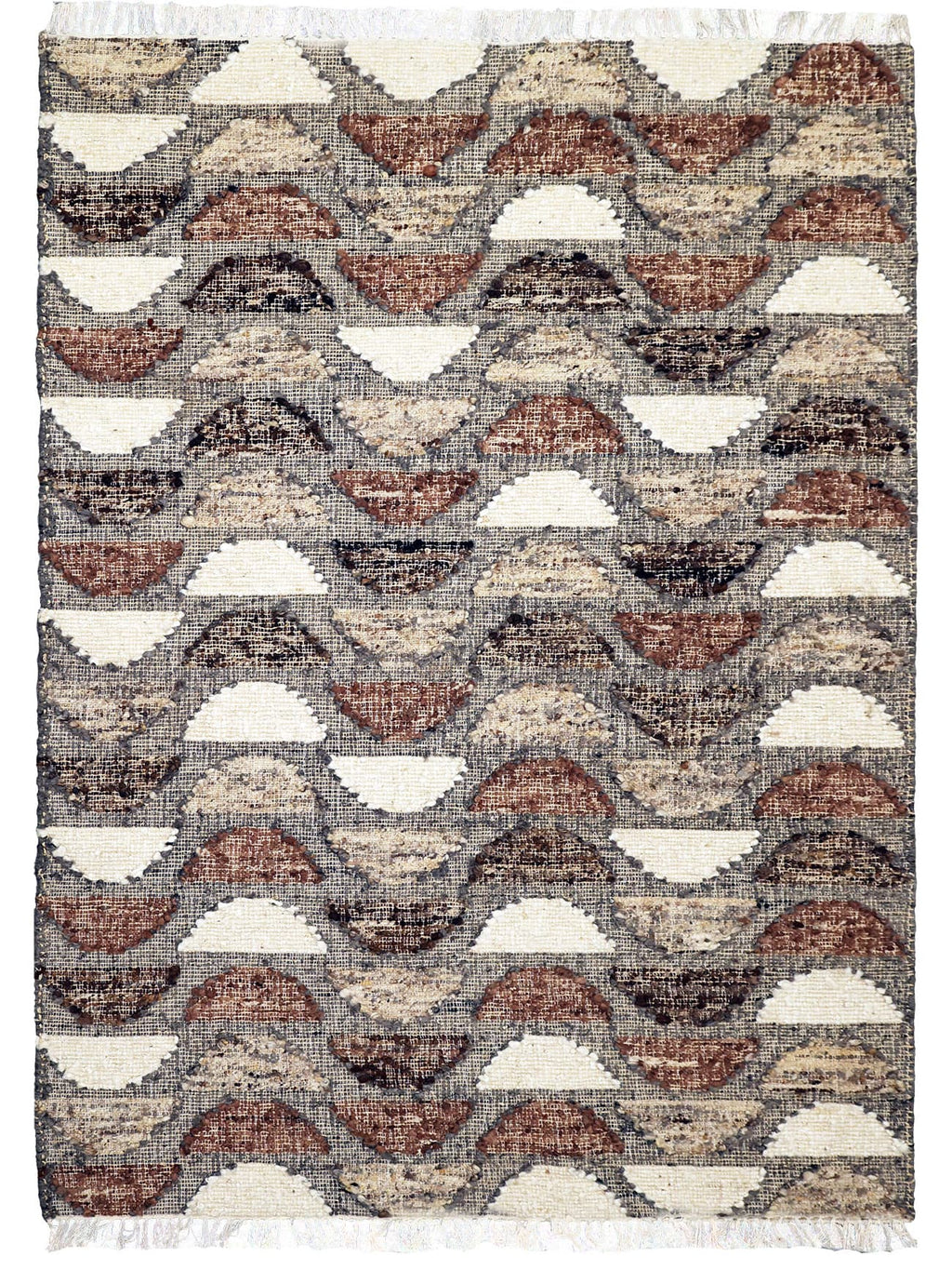 Tribe Home Orissa wool and jute rug, full view of the half-moon design on a white background