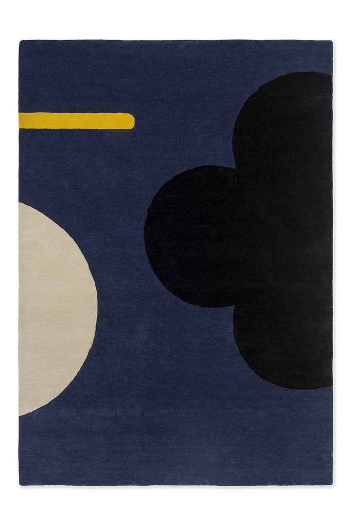 The Orla Kiely Geo Flower floor rug, in colour blue denim, full view seen from above