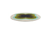 The Orla Kiely round, wool Sunflower rug in olive green tones, full view seen in perspective
