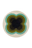 The Orla Kiely round, wool Sunflower rug in olive green tones, full view seen from above