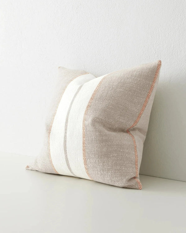 The 'Ottavio Earth' linen blend striped cushion, in beige and cream tones, by Weave Home nz