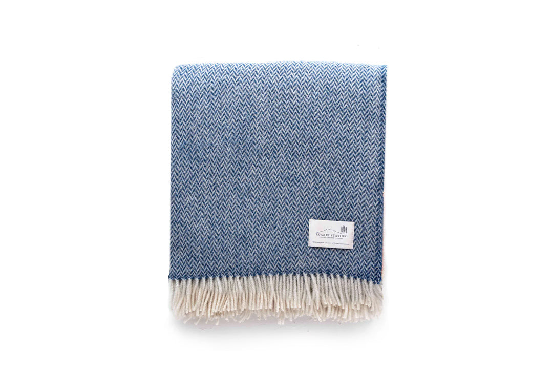 Ruanui Station Lambswool Throw Blue Cliffs Blue Chevron Ink & Brayer
