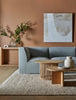  A textural woolen rug, in shades of honey brown and light beige, with subtle colour shifts by Soren Liv NZ and Globe West, situated in a stylish living room.

