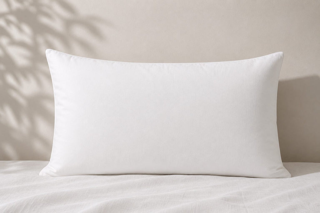 A plain white 100% cotton long lodge style pillow resting on white bedding 