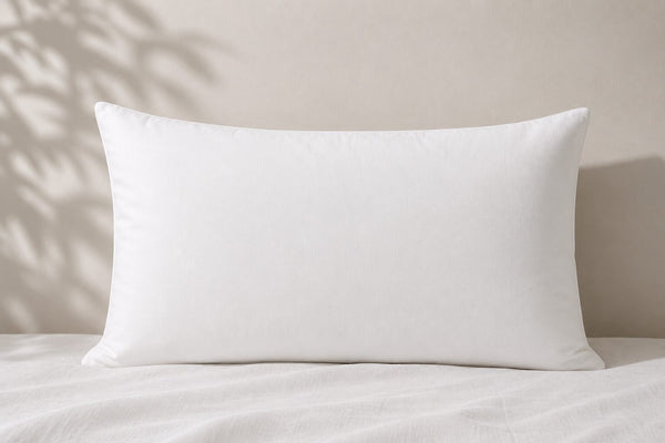 A plain white 100% cotton long lodge style pillow resting on white bedding 