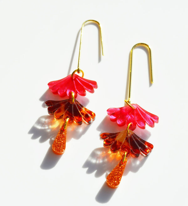 Sweet dangle earrings inspired by Japanese designs in shades of bright marble pink, tortoise shell and orange glitter acrylics, by Hagen + Co