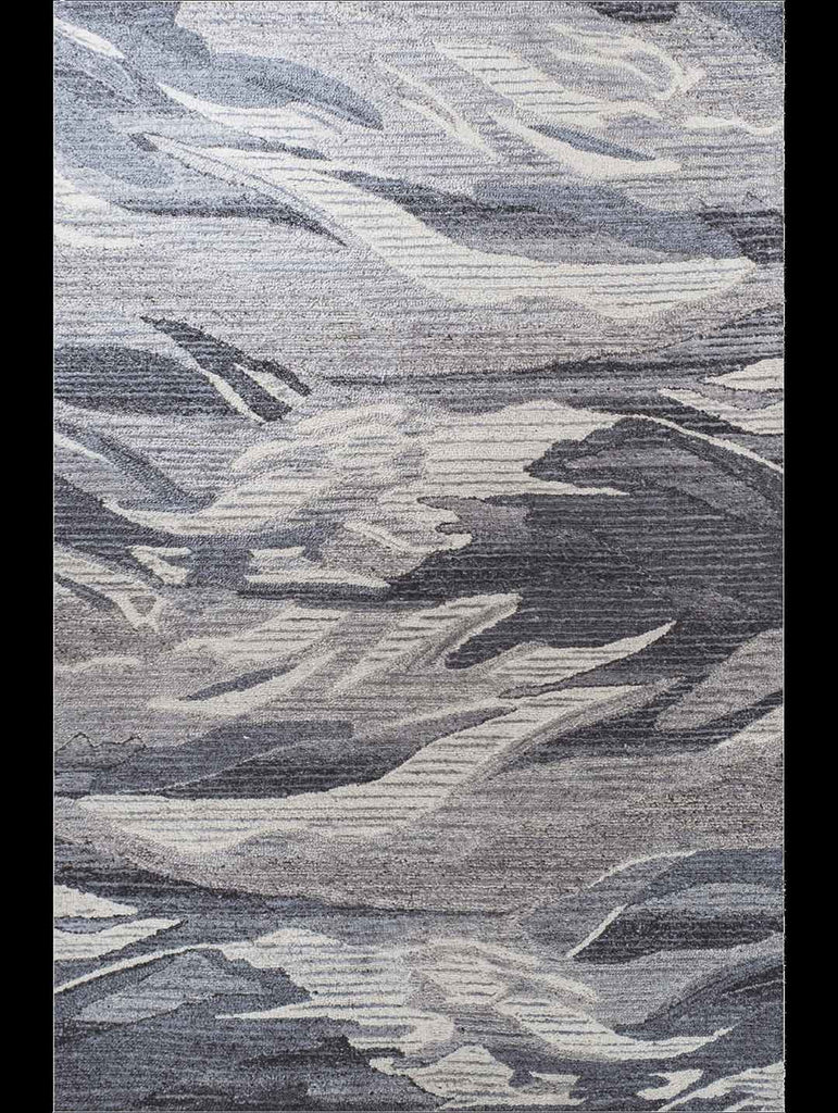 Full view of the Tribe Home 100% wool Hendrix rug in colours grey, ivory and blue, shown fro above