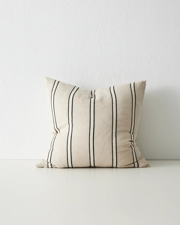 A classsic black, white and beige striped cushion. This is the classic square style seen from the front