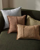 Set of four pillows in different colors on a green sofa.