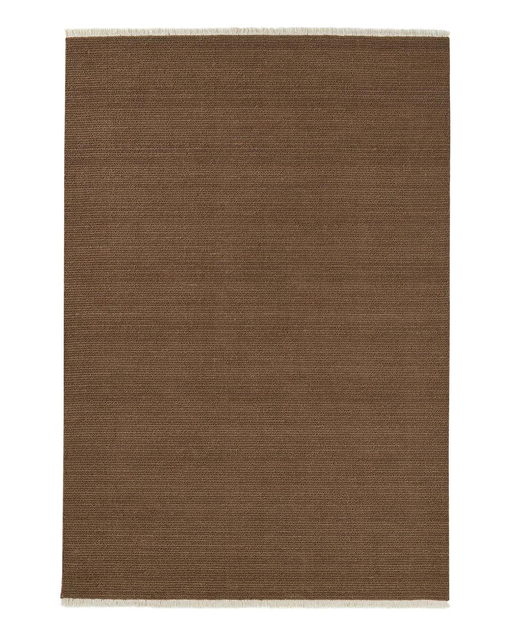 Warm brown textural 100% wool rug with cream fringing on a white background