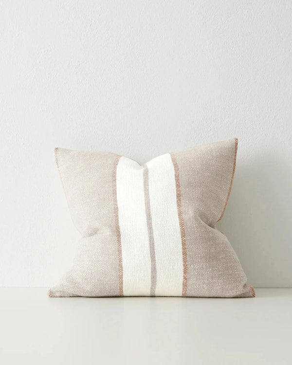 The 'Ottavio Earth' linen blend striped cushion, in beige and cream tones, by Weave Home nz