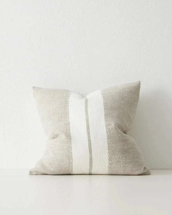 The 'Ottavio Laurel' cushion in a beige and white stripe, by Weave Home nz