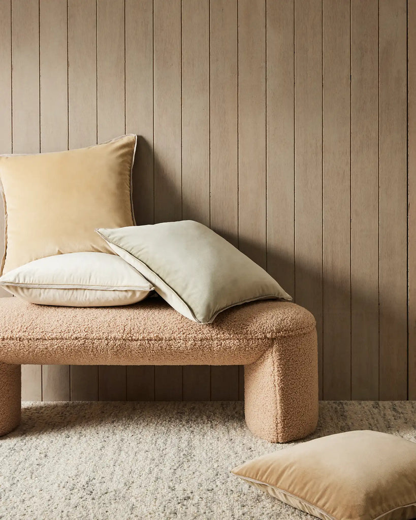 Four colourways in the weave Home nz Francesca velvet-look cushion, a great neutral to mix and match