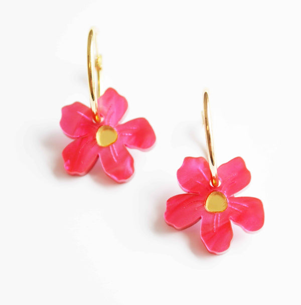 Fuchsia pink coloured wildflower acrylic earrings by NZ designer Hagen + Co