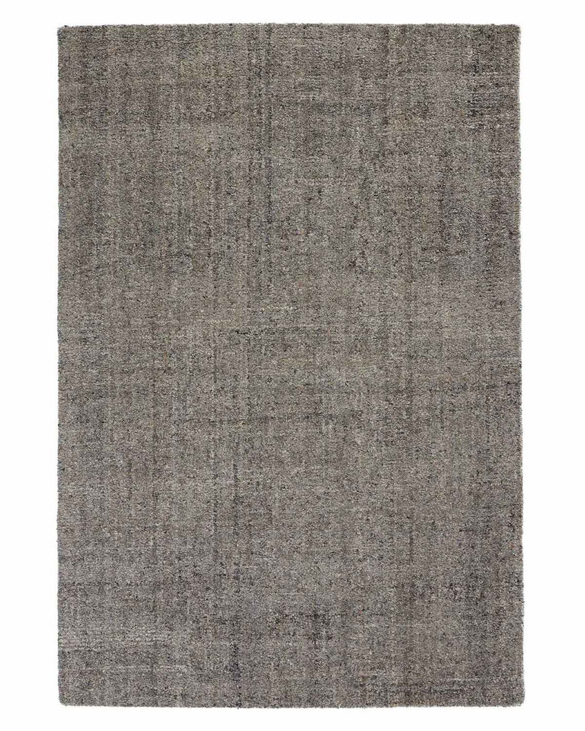 A full image of a wool blend rug with loop piling in warm grey, with a subtle grid pattern in the weave. 