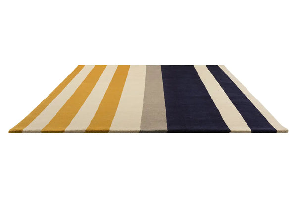 The Marimekko Ralli Yellow, blue, cream and grey striped wool floor rug
