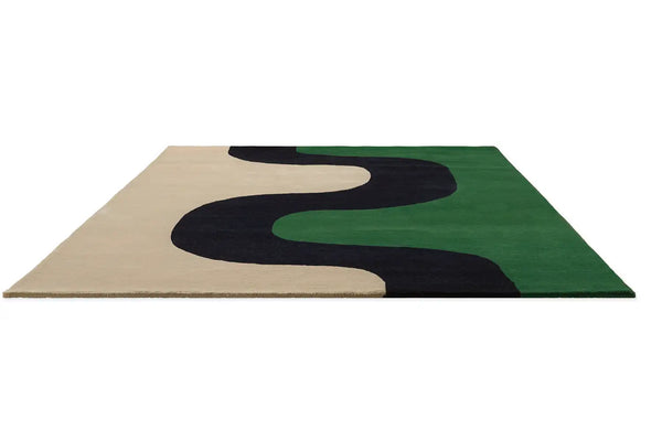 Perspective view of the Marimekko Seireeni green floor rug featuring an organic curve design in green, black and cream