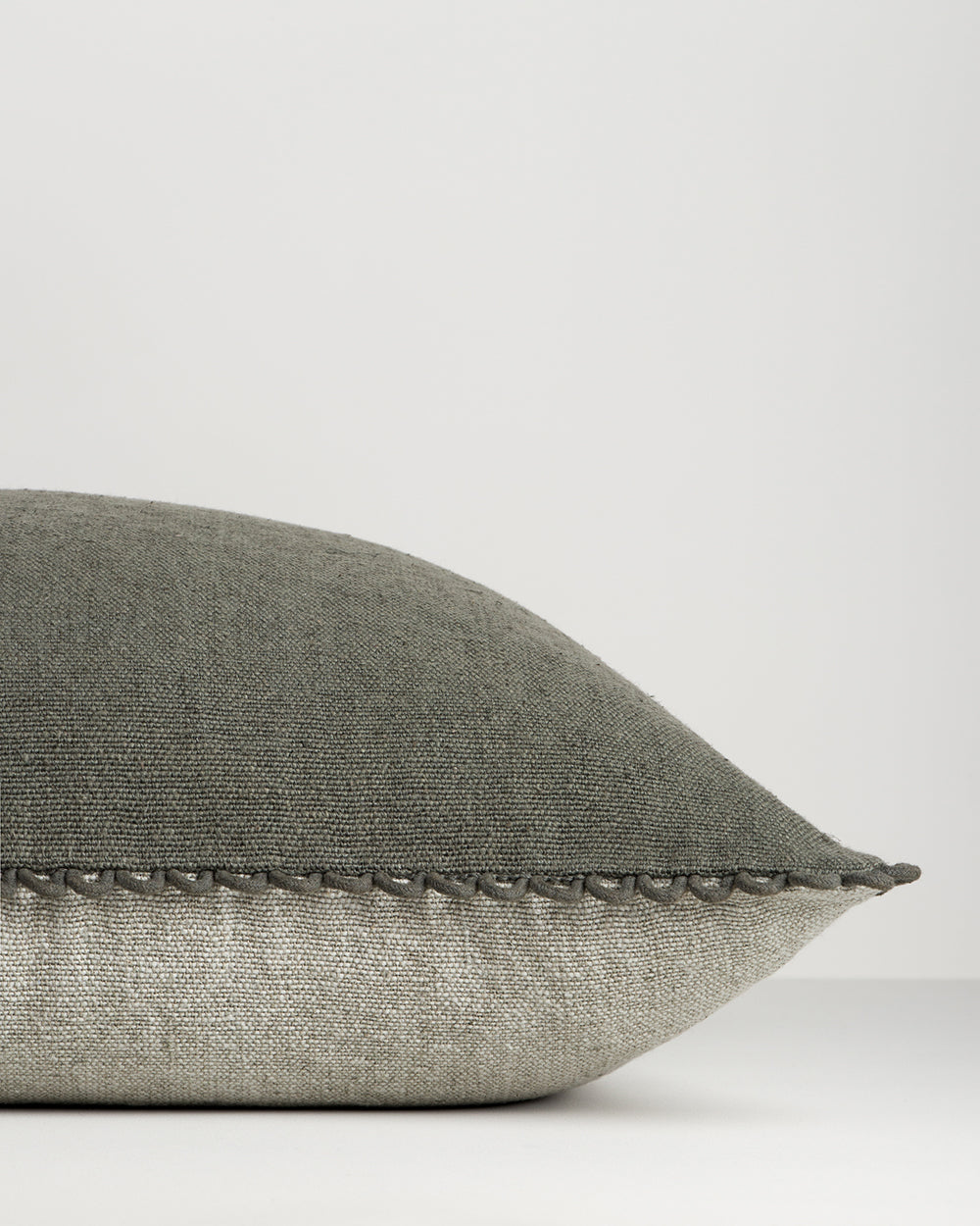 Baya Alden linen cotton blend cushion in Sage, side view showing the two reversible shades