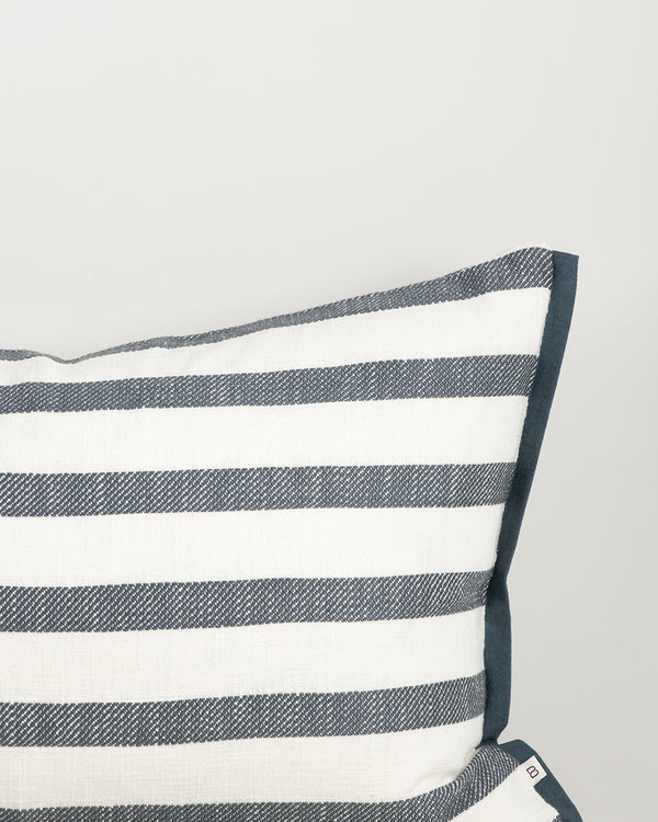 Baya Calden cotton lumbar cushion in Cloudburst, close view of the flanged edge and jacquard stripe
