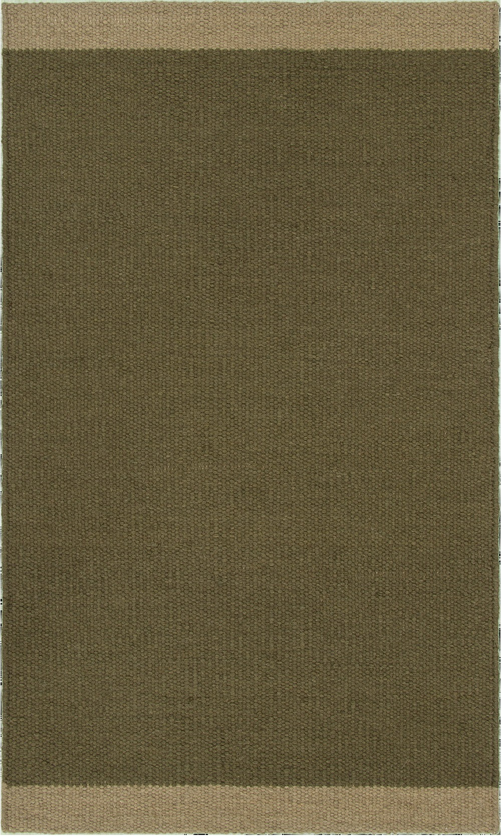 Baya Carla NZ wool floor mat in Military, flat view showing the full mat with a pale sand band at each end.