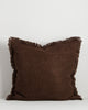 Baya Dover linen blend cushion in Chocolate, 55 x 55cm, front view on a plain background showing the fringed edge and textured weave