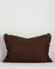 Baya Dover linen blend lumbar cushion in Chocolate, 40 x 60cm, front view on a plain background showing the fringed edge and textured weave