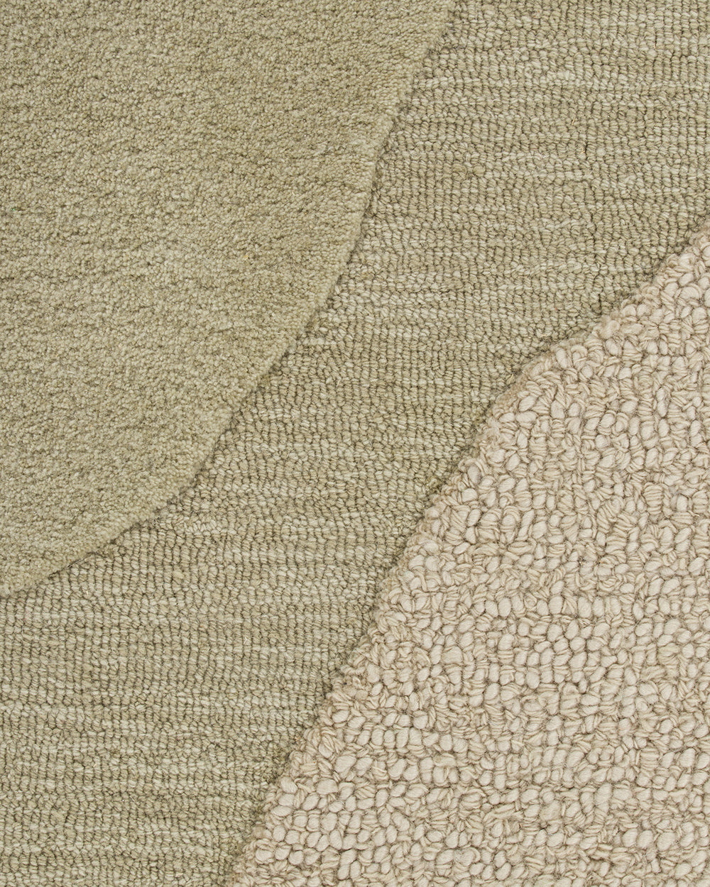Baya Edgewater NZ wool floor rug in Pistachio, round, close view of the wave pattern showing cut pile beside textured looped pile.