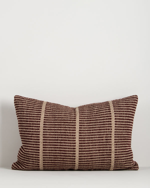 Baya Shore recycled PET outdoor lumbar cushion in Claret, full front view