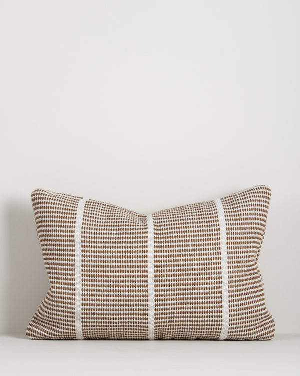 Baya Shore recycled PET outdoor lumbar cushion in Tobacco, full front view