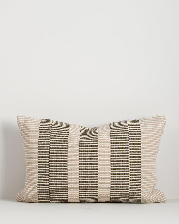 Baya Solar Outdoor Lumbar Cushion in Mangrove on a plain background, showing the linework weave.