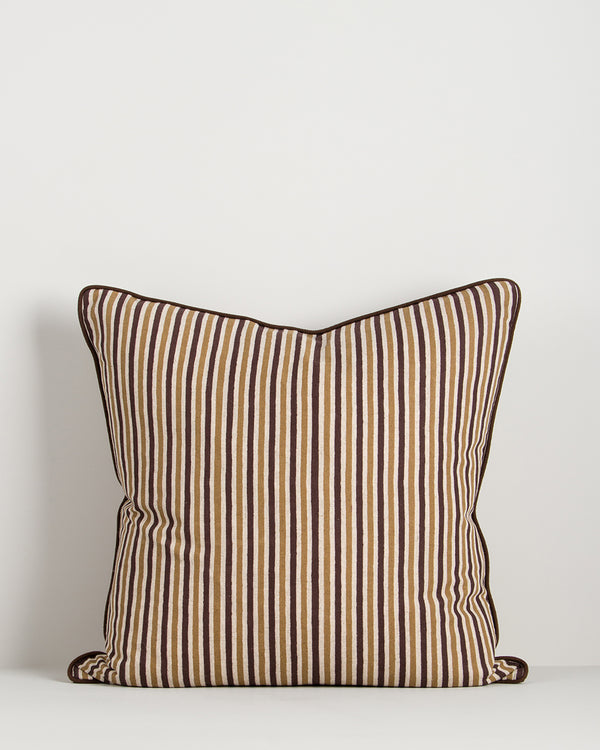 Baya Strato Cushion in Chocolate, front view on a plain background, showing the brown, tan and cream stripes.