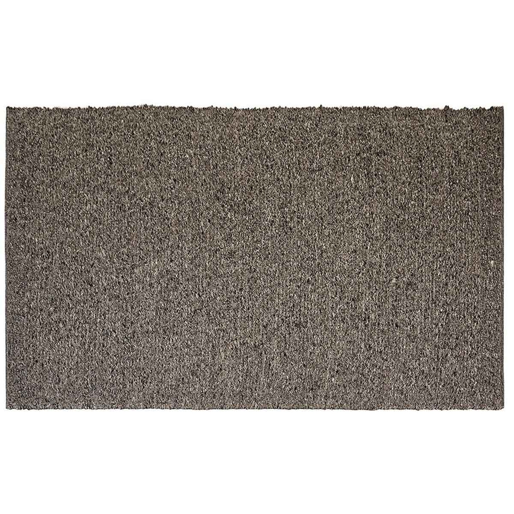Full view from above of a textural wool blend boucle style rug by Globe West and Soren Liv NZ in shades of grey and charcoal.