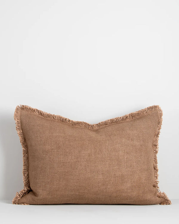 Tan brown lumbar cushion with soft fringe detail, by Baya nz