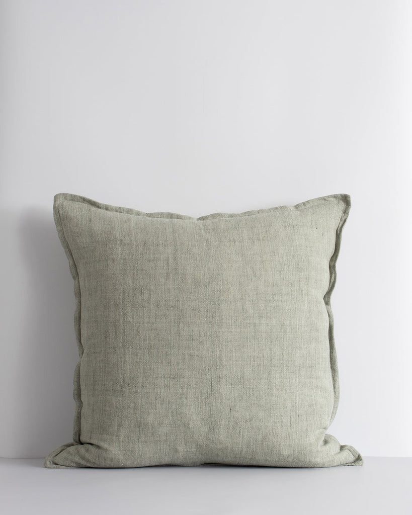 Baya square linen cushion in colour sage green, shown front on