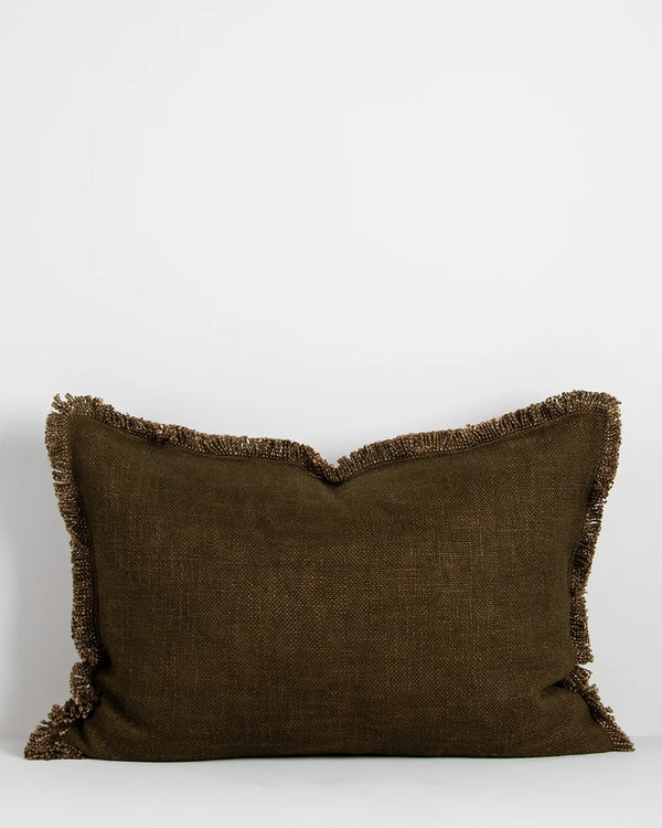 Dark green lumbar cushion with soft fringe detail surround, by Baya nz