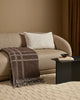 Beige sofa with a brown plaid wool throw blanket in a living room setting.