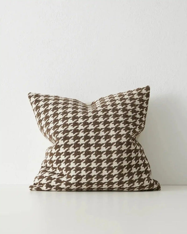 Houndstooth brown and cream cushion in a soft boucle, by Weave Home nz