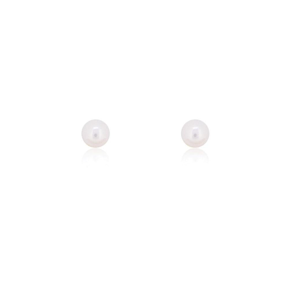 Two miniature pearl stud earrings, viewed from the front. 