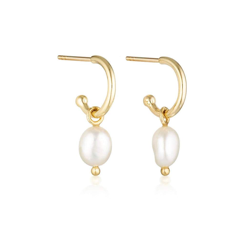 A pair of gold plated hoop earrings with a freshwater pearl drop. 