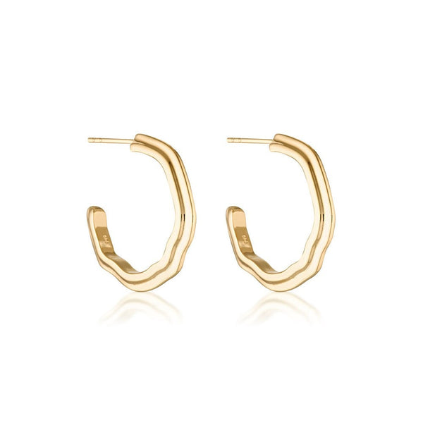 Two chunky hoop earrings with sculptural details in 14k gold-plate.