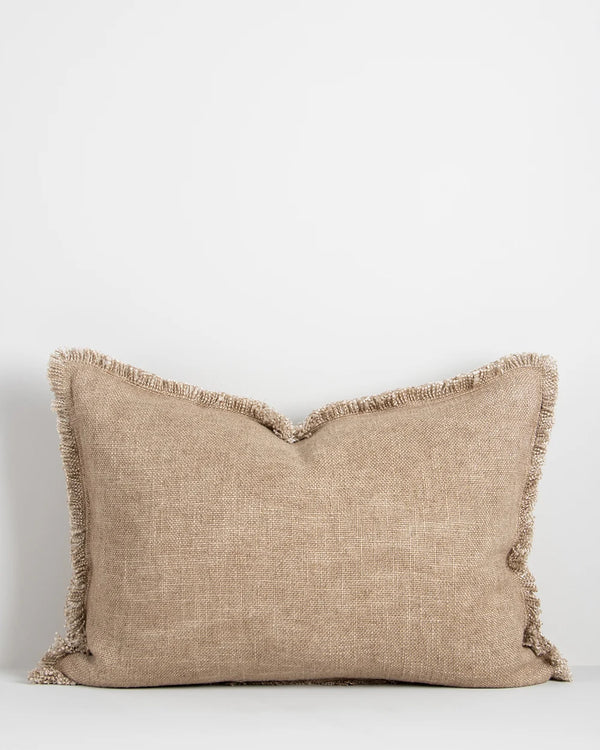 Light brown, beige coloured lumbar cushion with soft fringe detail, by Baya nz