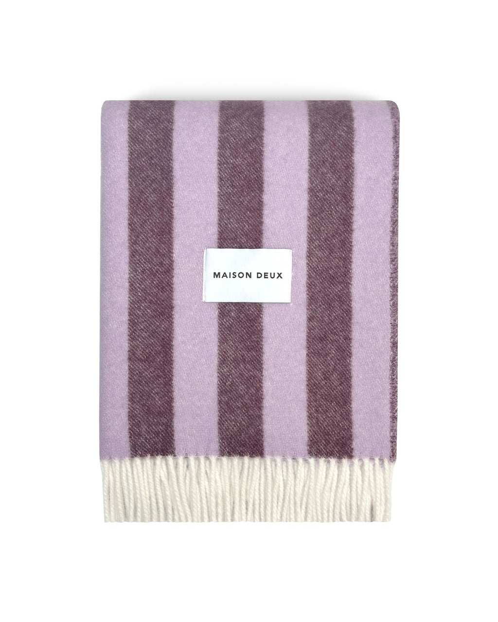 Maison Deux Candy Wrap wool throw in Lilac Aubergine, folded flat showing the full striped pattern.
