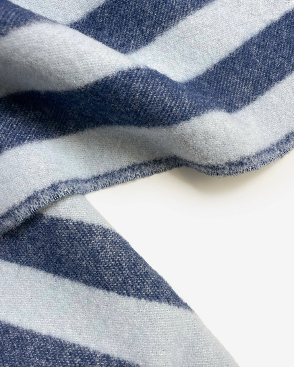 Maison Deux Candy Wrap wool throw in Navy Ice Blue, close view of the woven navy and pale blue stripes