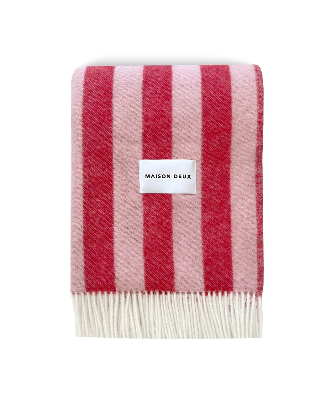 Maison Deux Candy Wrap wool throw in Pink Cherry, folded flat showing the full striped pattern.
