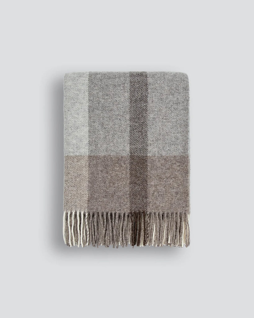 Baya NZ wool throw blanket in a modern brown and grey neutral plaid