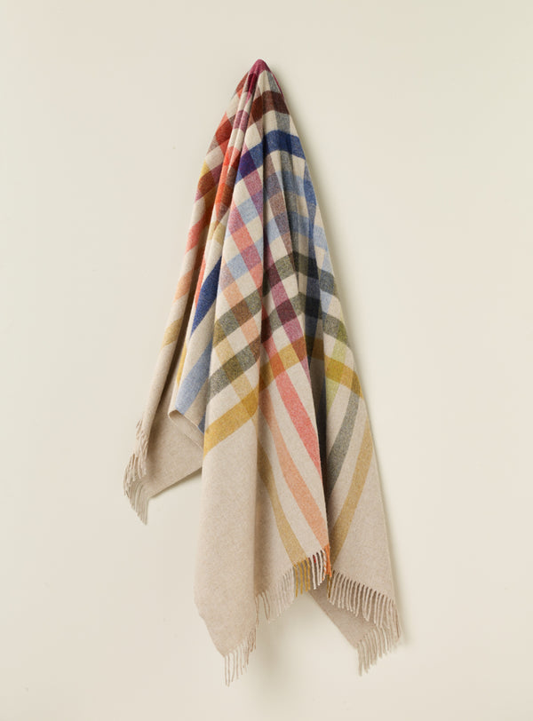 NZ wool throw blanket featruing multi  colour striped check on beige base