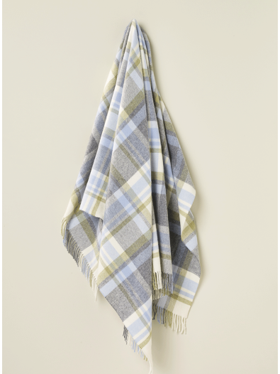 NZ wool throw blanket in soft blue, cream and green plaid