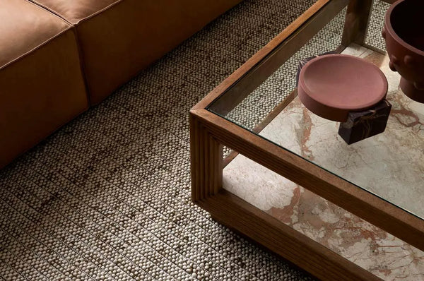 Olive green wool and jute floor rug, in stylish living room