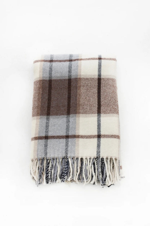 Palliser Ridge Twill Check lambswool throw in Chocolate, folded flat to show the check pattern in detail